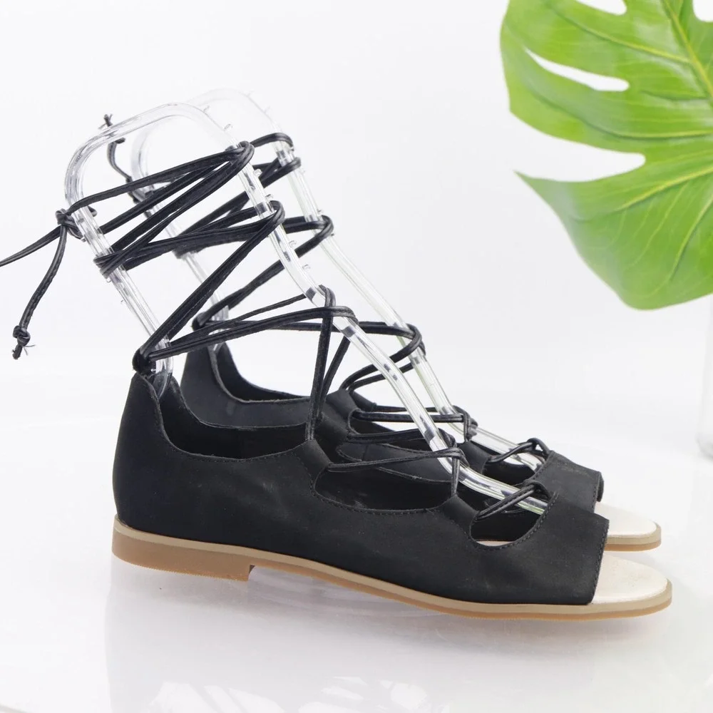 J JIll Womens Sandals Size 6.5  Black Leather Flat Ankle Wrap Tie Open Toe Shoes